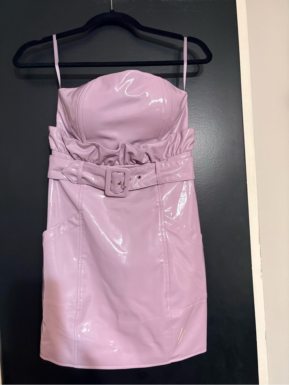 Fleur du Mal Lilac Patent Strapless Belted Mini Dress